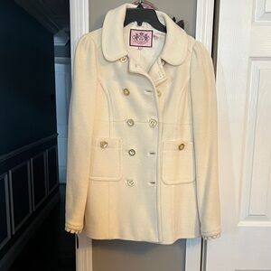 Y2K Juicy Couture Elegant Cream Pea Coat with Gold Accents